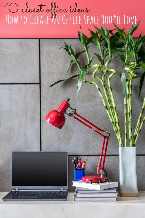Modern Office Desk With Laptop, Lamp And Vase Of Lucky Bamboo