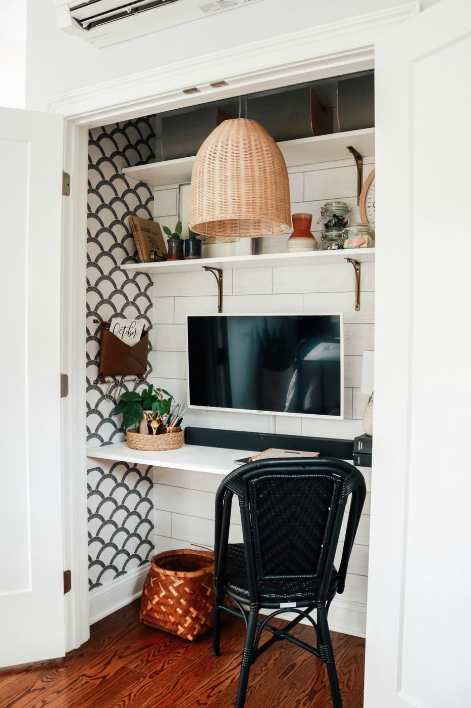 Closet Office With Wallpaper And Shiplap Nesting With Grace