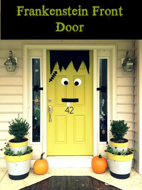 Frankenstein Front Door Decor Idea10 Genius Halloween Door Decor options - Bekob.com. #Halloween, #halloweendecor, #halloweenDIY, #doors, #doordecor