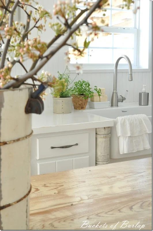 Buckets of Burlap painted butcher block