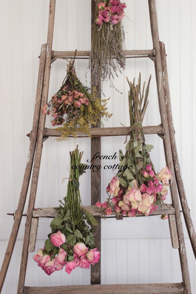 Handmade Ladder Decor options: Decorate Old Wooden Orchard Ladder With Dried Flowers, French Country Cottage