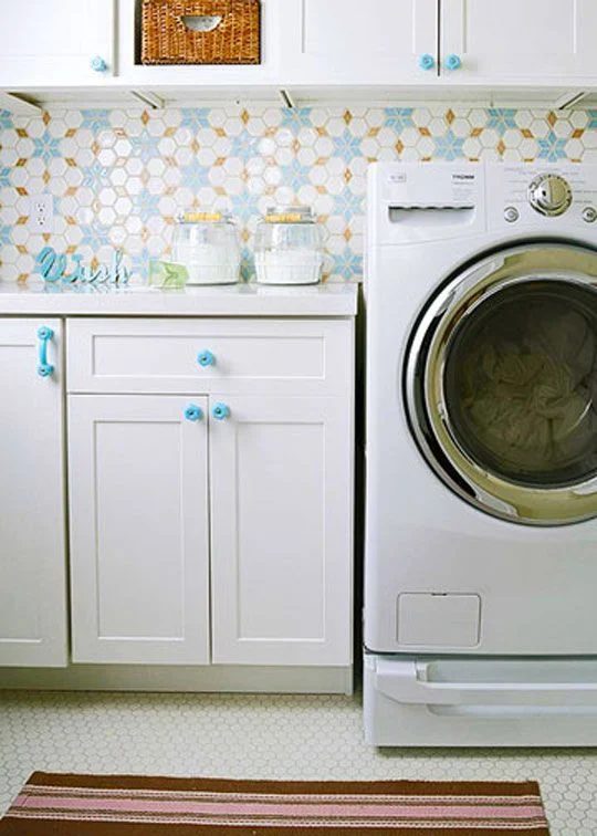 great tile backsplash over laundry for a fun look featured on Bekob.com