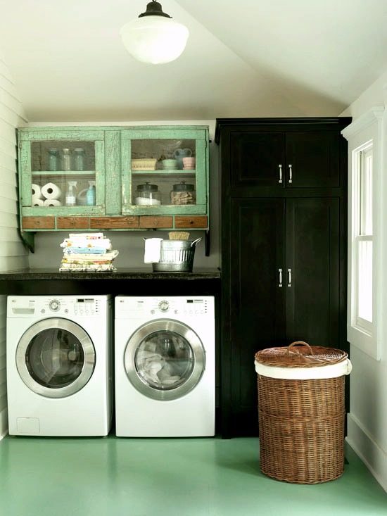 upcycled old cabinets for laundry room option featured on Bekob.com