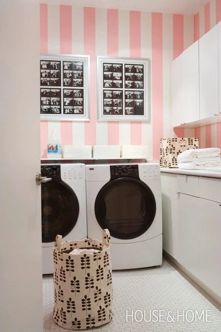 Laundry with pink striped walls House and Home featured on Bekob.com