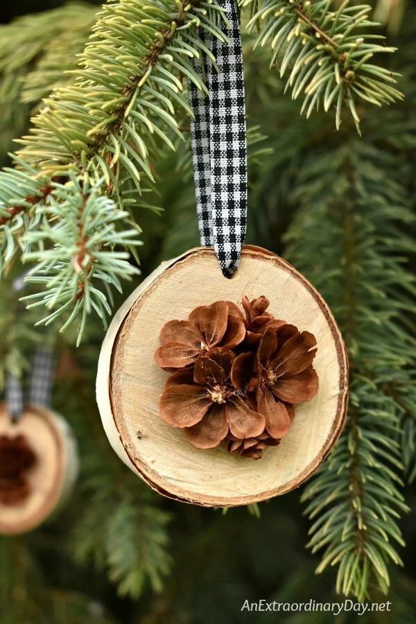 Rustic Handmade Christmas Ornament For The Tree Birch Wood Slices Display Pretty Hand Cut Pine Cone Flowers AnExtraordinaryDay.net