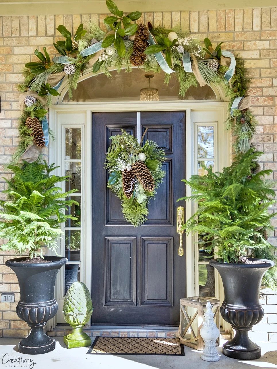 Christmas Garland And Wreath With Supar Pine Cones And Magnolia. Front Porch.