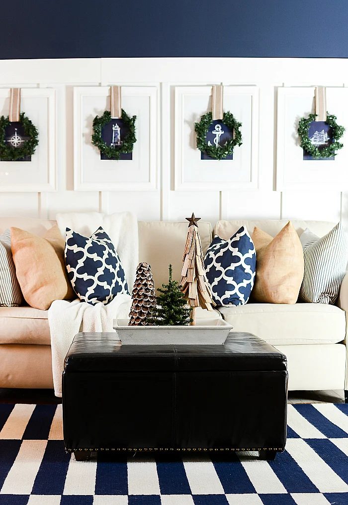 Christmas Decorating options Neutral Burlap White Navy Rustic LIVING ROOM @It All Started With Paint 12 Of 36