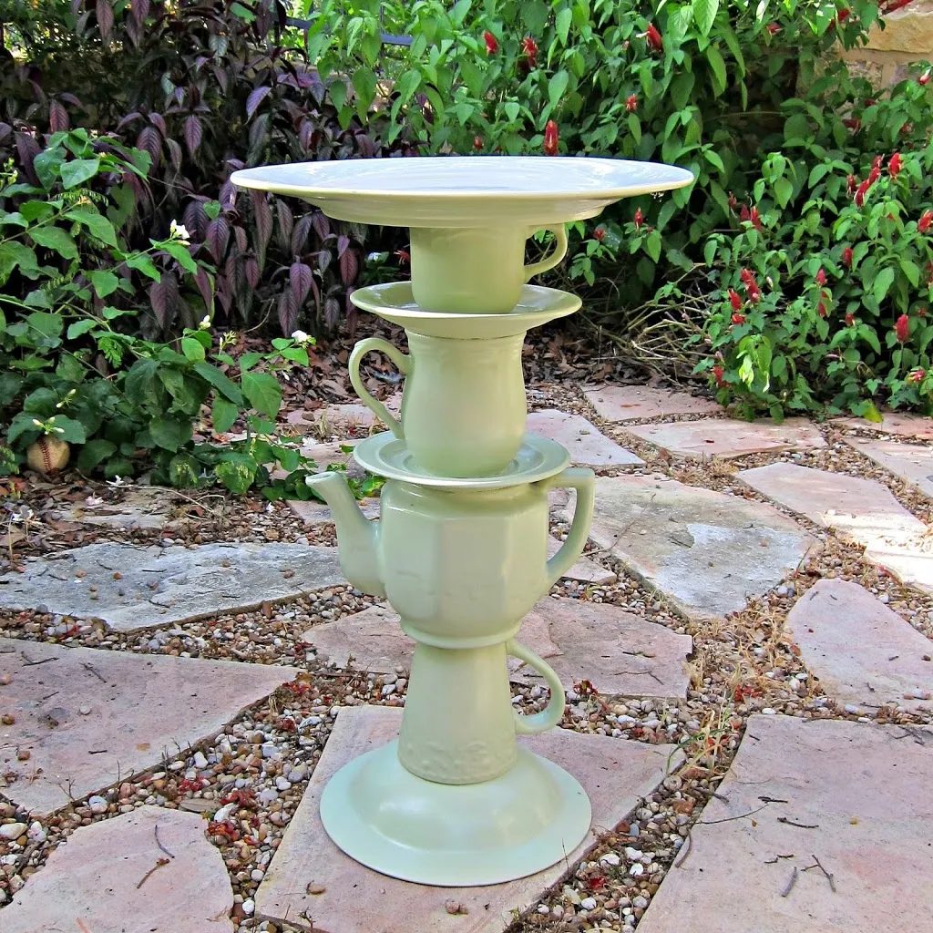 Teapot Bird Bath Tea Pot bird bath with stacked tea cups and saucers spray painted one color