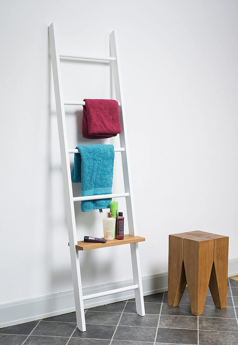 Bathroom Storage Ladder With Shelf, Via Amazon