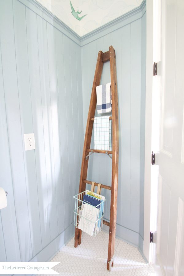 Wooden Orchard Ladder As Bathroom Towel Holder And Magazine Rack, The Lettered Cottage