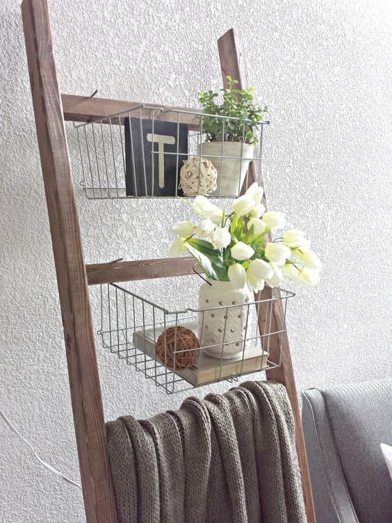 Ikea Baskets On A Wooden Blanket Ladder For Storage And Decor, Blue Sage Designs