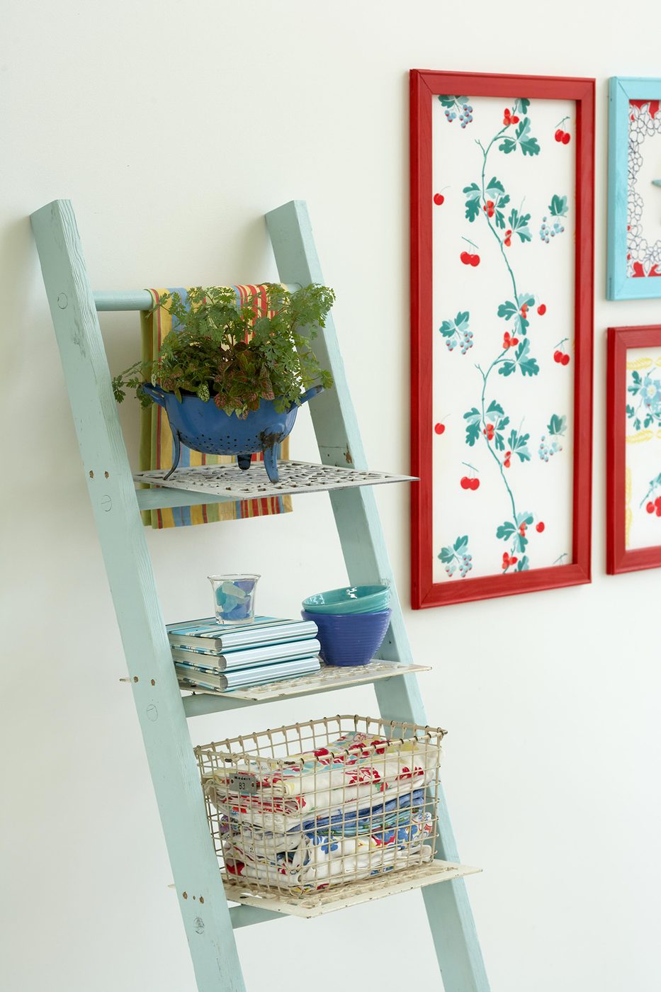 Handmade Ladder Storage, Vintage Ladder With Baskets And Storage Shelves, BHG By Cameron Sadeghpour Photo