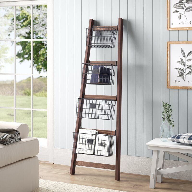 Wooden Orchard Ladder Decor options, Angled Blanket Ladder With Storage Baskets