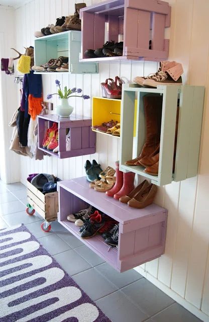 colorful crate mudroom, TheVerden