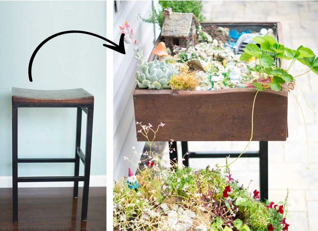 turn a stool into a garden table for an gnome or fairy garden, Paint Yourself a Smile