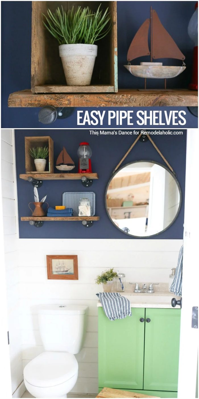 These straightforward Handmade reclaimed wood and pipe shelves are the well fitted touch of industrial and rustic style for any space! Great for a bathroom, dining room, kitchen, l