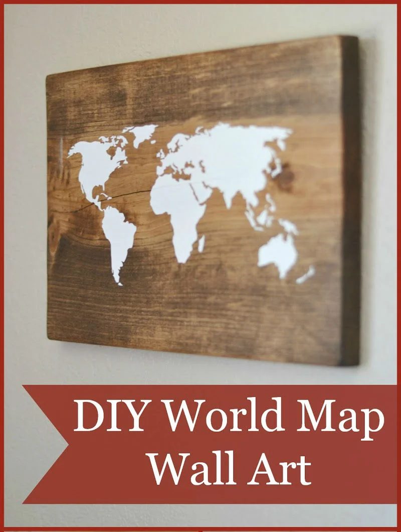 Wall art world map. Love the white on wood!