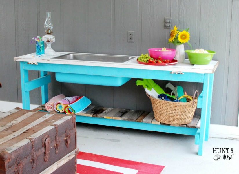 Upcycled Door into Outdoor Serving Table with Sink