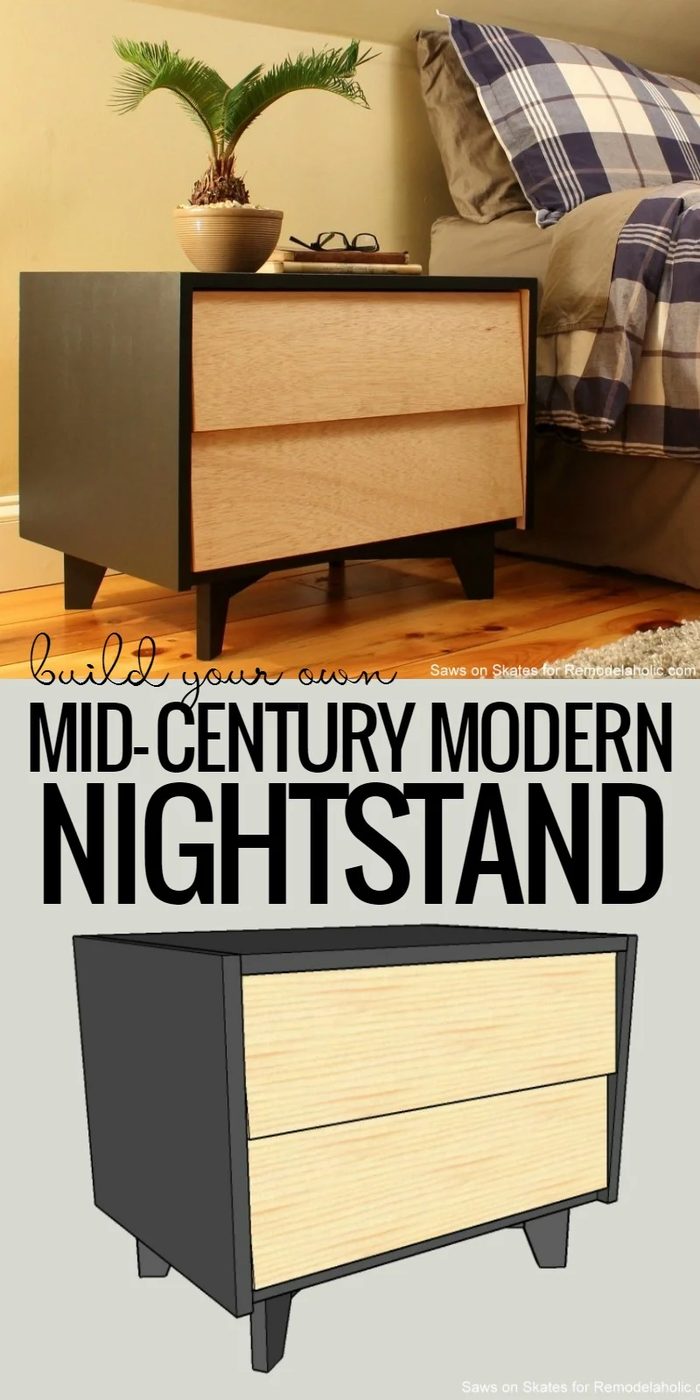 Handmade Mid-Century Modern Nightstand | Free building plans and walkthrough, including how to make the legs, slanted drawer fronts, and Handmade drawer slides. walkthrough from Sa