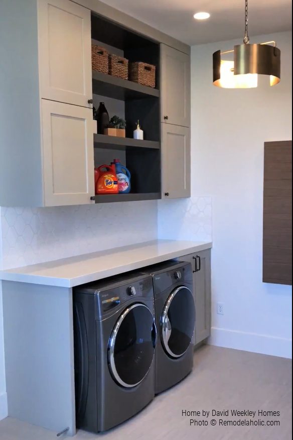 Small Laundry Room options With Gray Cabinets And Floating Shelves, Bekob SLPH 2018 H19