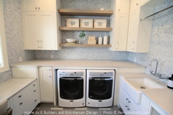 White Laundry Room with Gray Blue Tile Backsplash
