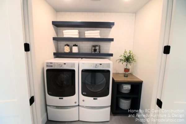 Small Closet Laundry Room With White Subway Tile
