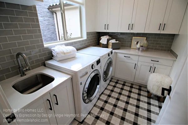 Checkered Plaid Floor in a White and Gray Laundry Room