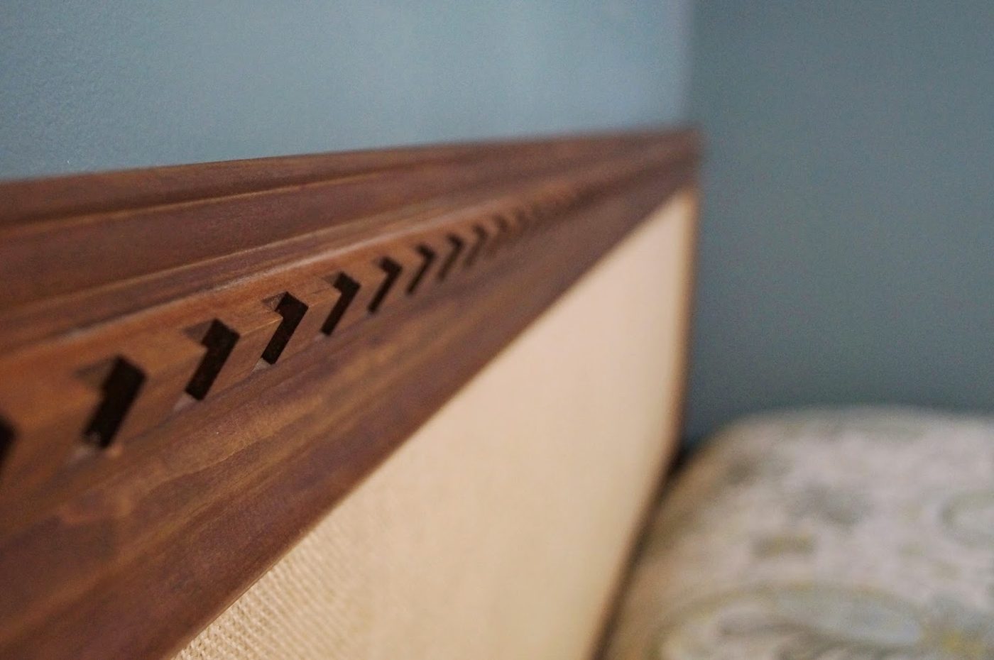 wood trim detail on handmade straightforward headboard, Do Not Disturb This Groove on Bekob