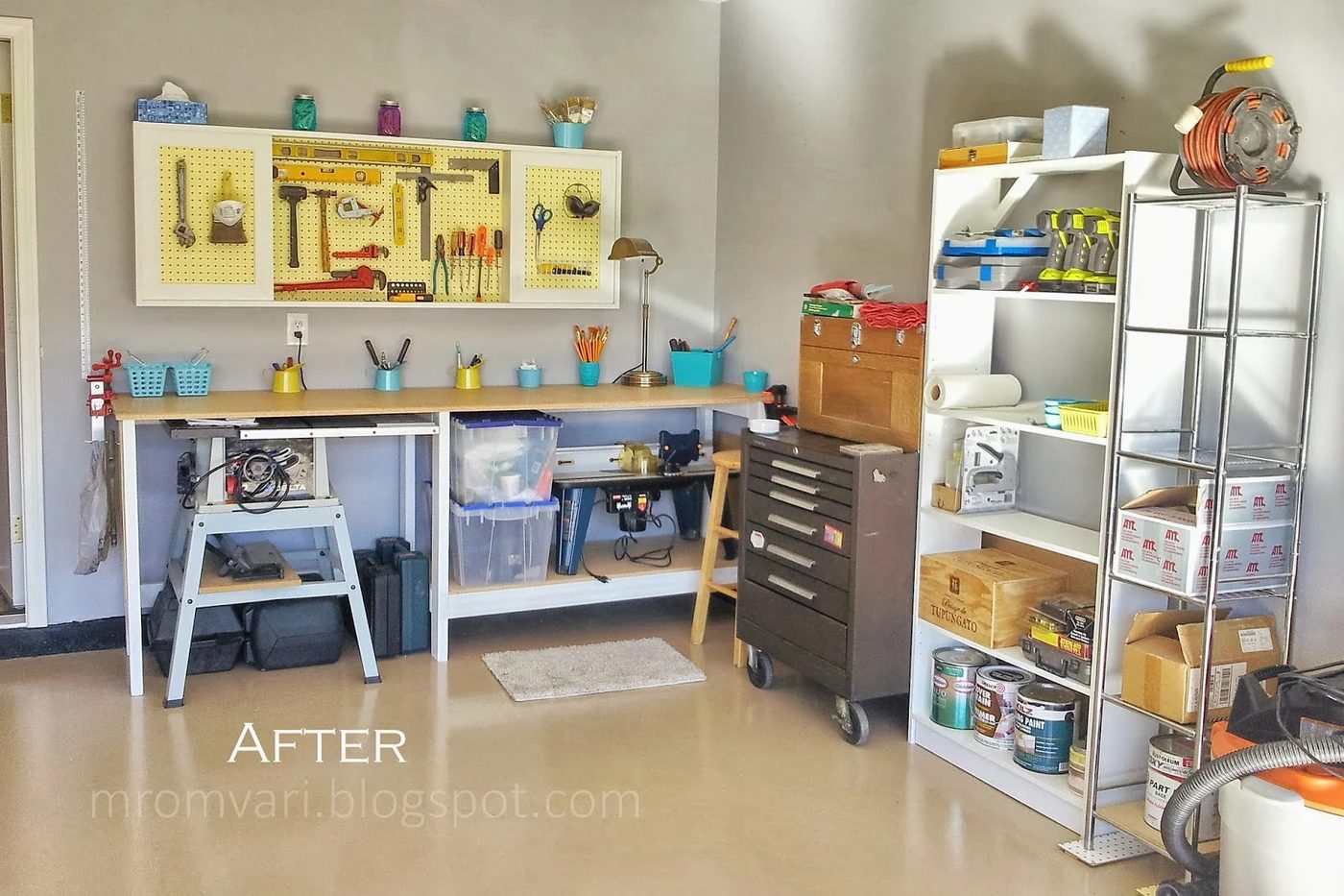 Handmade walkthrough - workbench and pegboard tool cabinet with sliding doors, featured on Bekob.com