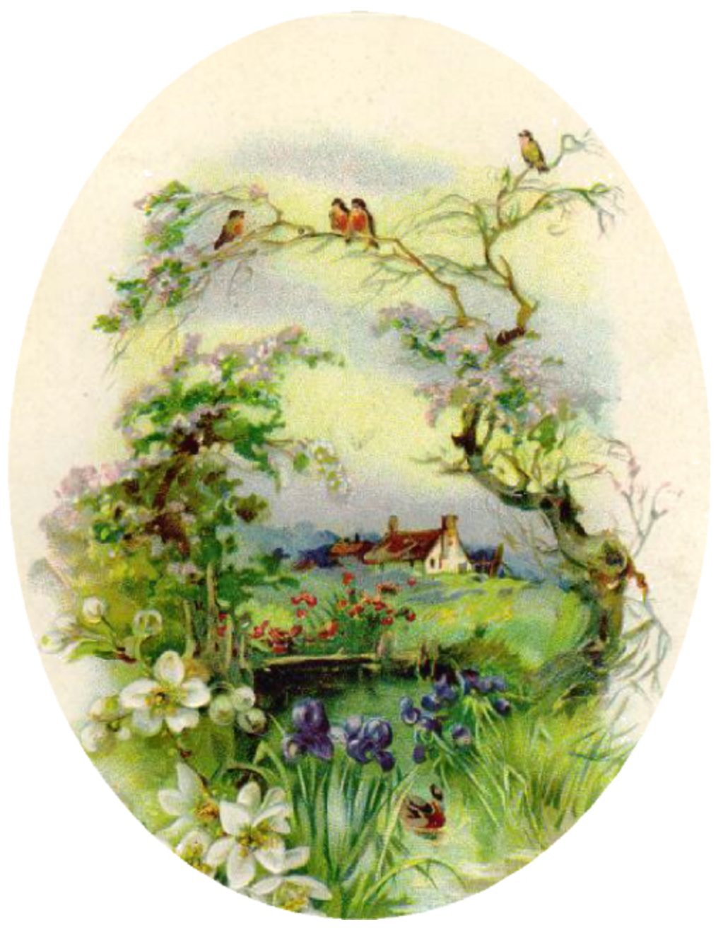 vintage spring landscape with birds and flowers around a cottage | 20 free vintage printable images for spring on Bekob.com