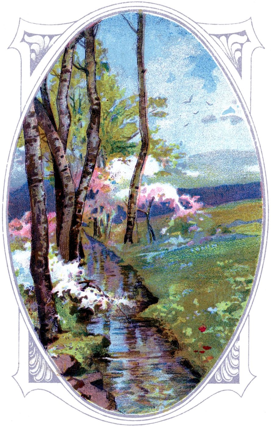 vintage book illustration. mountain stream in spring | 20 free vintage printable images for spring on Bekob.com