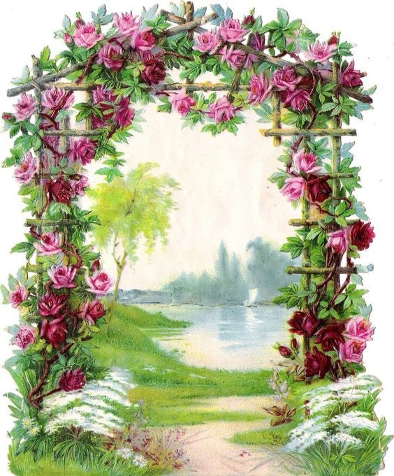 striking spring landscape with roses around the gate to the lake | 20 free vintage printable images for spring on Bekob.com