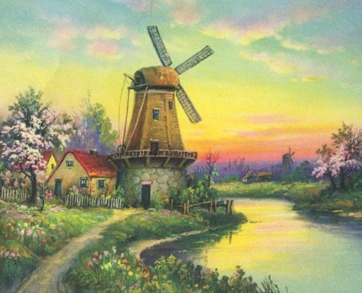 Windmill and sunset in spring | 20 free vintage printable images for spring on Bekob.com