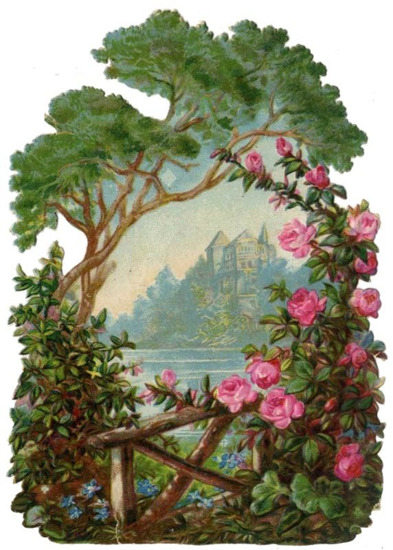 Lovely pink roses and vintage landscape | 20 free vintage printable images for spring on Bekob.com