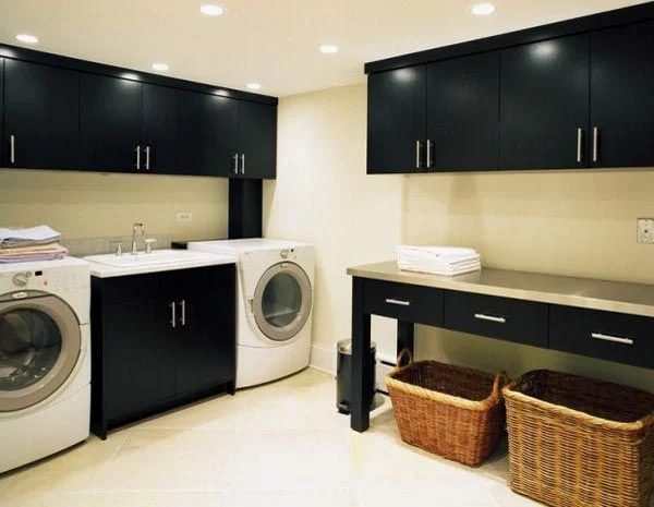 Black cabinets, but convert table to rolling island featured on Bekob.com