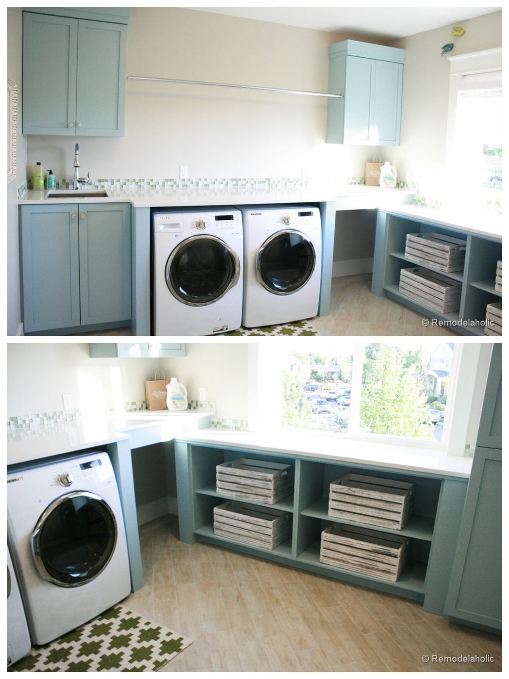 Large Open Laundry Room with blue cabinets featured on Bekob.com