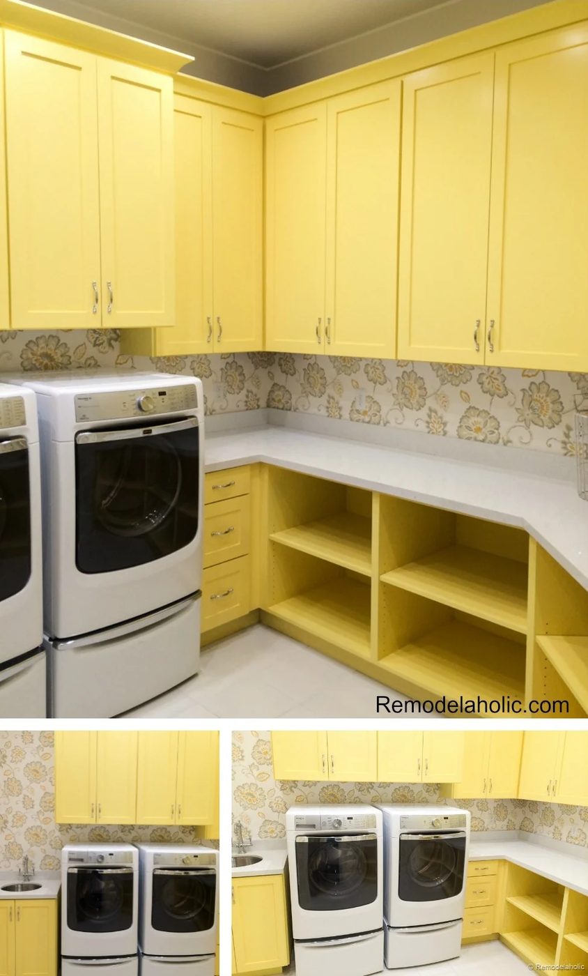 Yellow laundry room cabinets with lots of storage and cabinets featured on Bekob.com