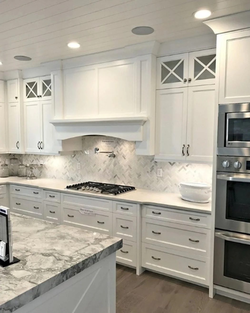 White And Grey Kitchen With White Cabinets And Grey Flooring