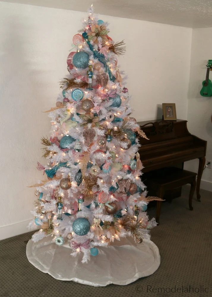 Cassity Bekob White Christmas Tree Decorating option, Blue Pink And Gold Nutcracker Themed Tree With Swans Ballerinas Candy