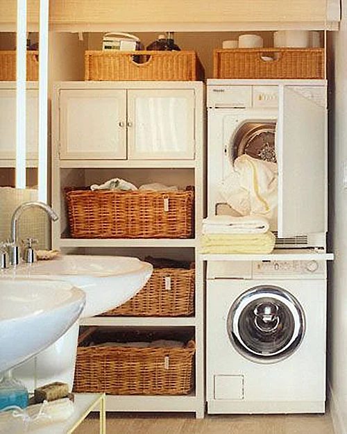 shared laundry bathroom space with striking baskets for storage featured on Bekob.com