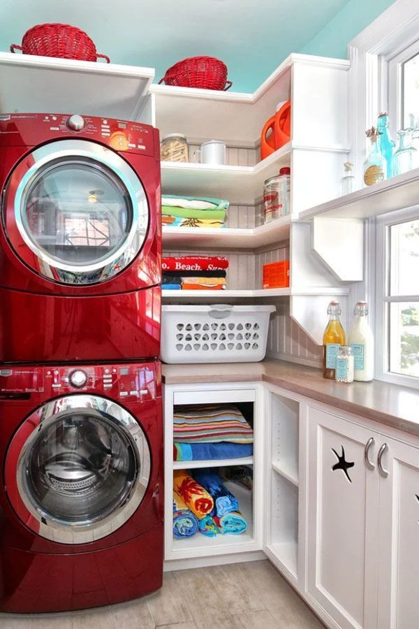 making due with a small space stacked machines and built ins featured on Bekob.com