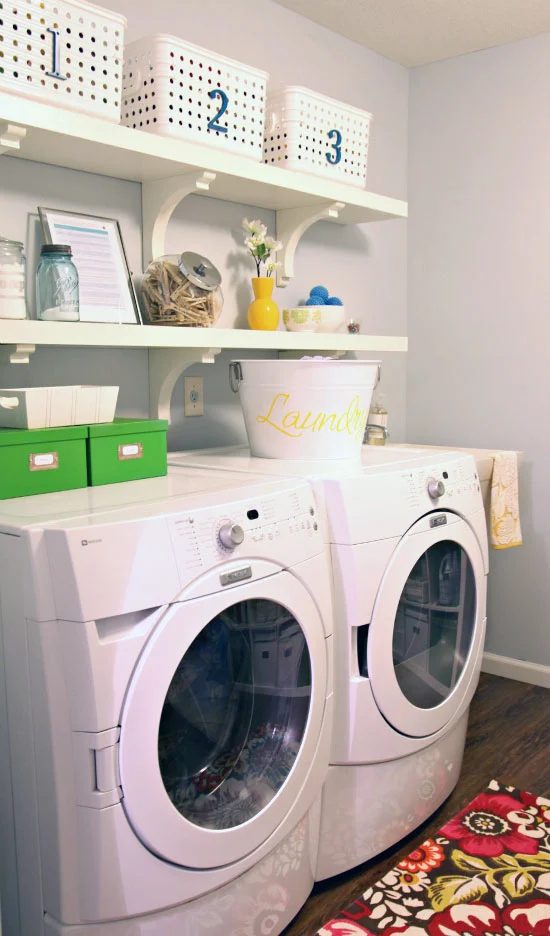 direct Laundry Room with open shelves and storage baskets featured on Bekob.com