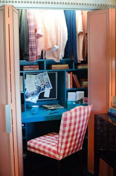 Preppy Multipurpose Office in a closet with hanging clothes