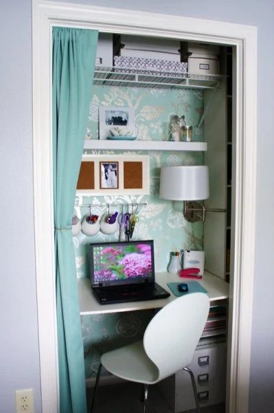 Turquoise and White Office in a closet
