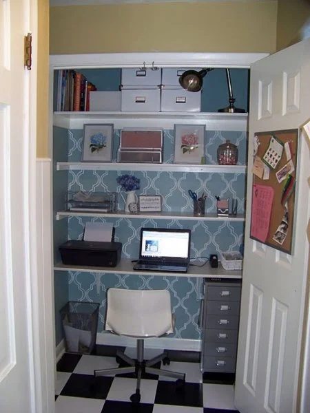 Stenciled and Checkered Computer Office Closet