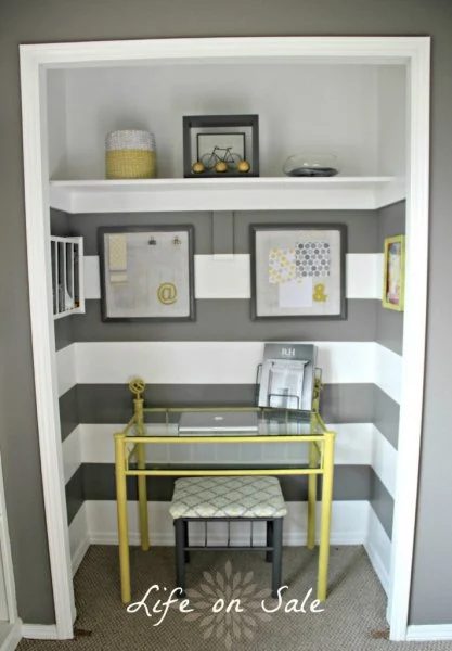 Gray Striped Office in a Closet