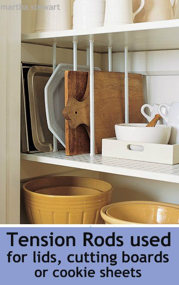 tension rod to hold cutting boards and pan lids