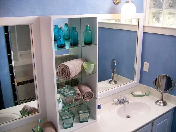 shelves between vanity sinks