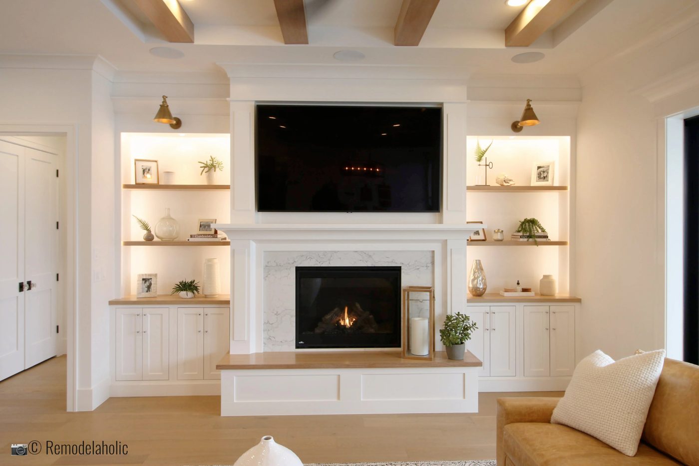 Decorating and styling neutral built-ins and mantel. SGPH 2019 House 24 K Welch Homes, Photo by Bekob