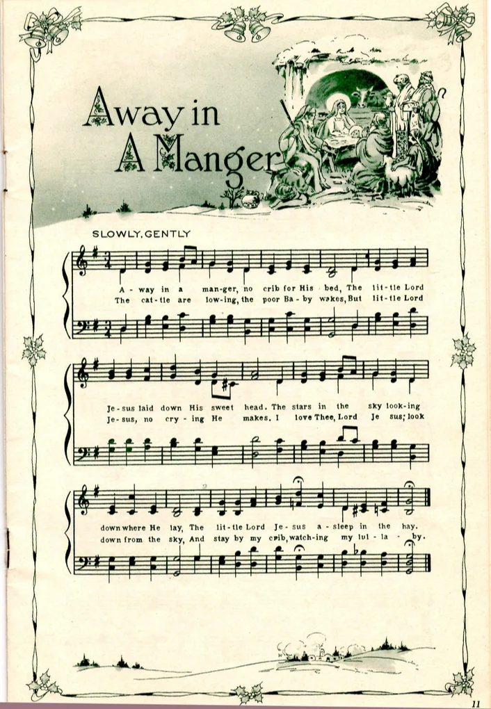 Away in a Manger, vintage sheet music for Christmas